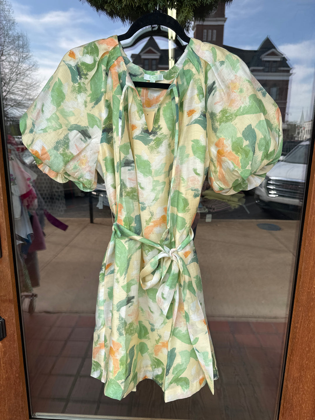 Jade Brushed Floral Pleated Puff Sleeve Dress