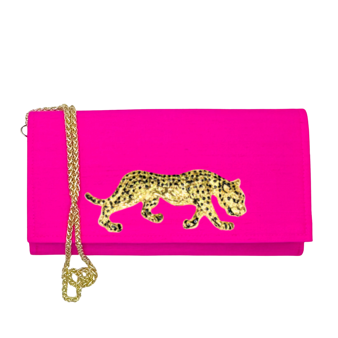 Garland Hot Pink Dupioni Silk Cindy Crossbody w/ Magnetic Snap- Gold Leopard