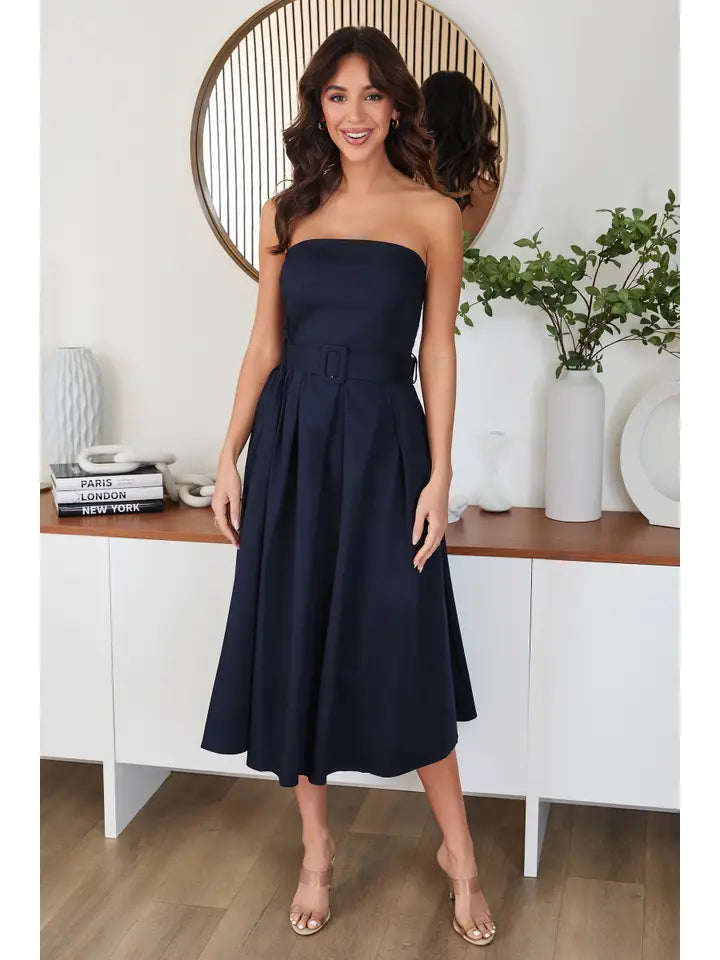 Milio Milano Strapless Belted Midi Dress- Navy