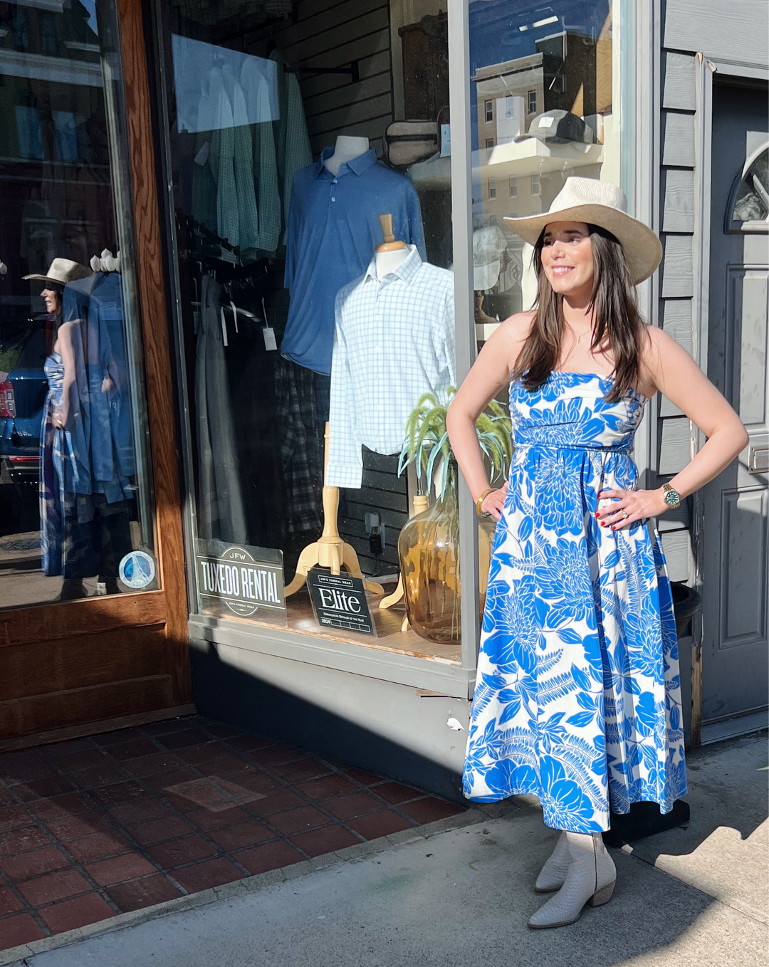 Tropical Blue Strapless Midi Dress