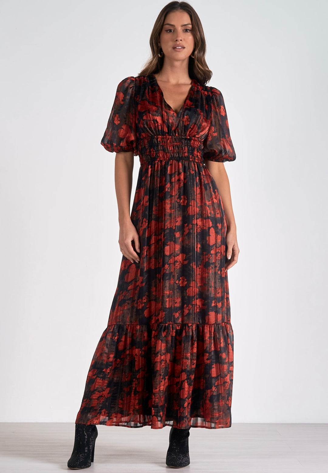 Elan 3/4 Sleeve V-Neck Maxi Dress - Red Floral