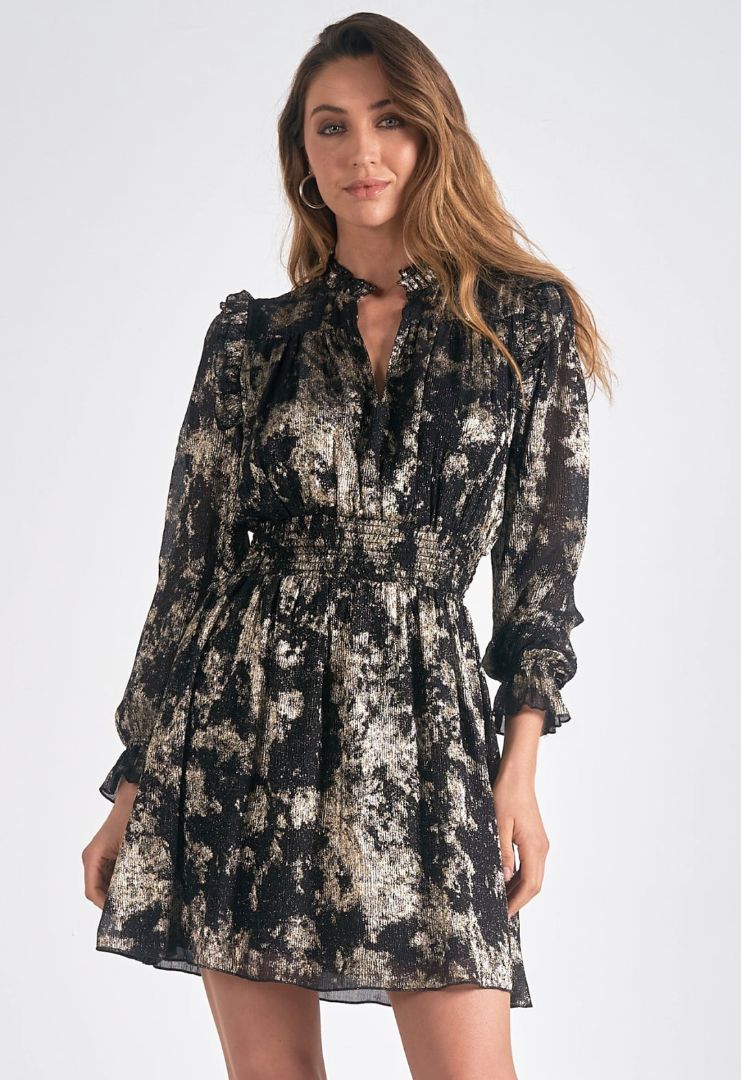 Elan Long Sleeve V-Neck Dress - Black/Gold