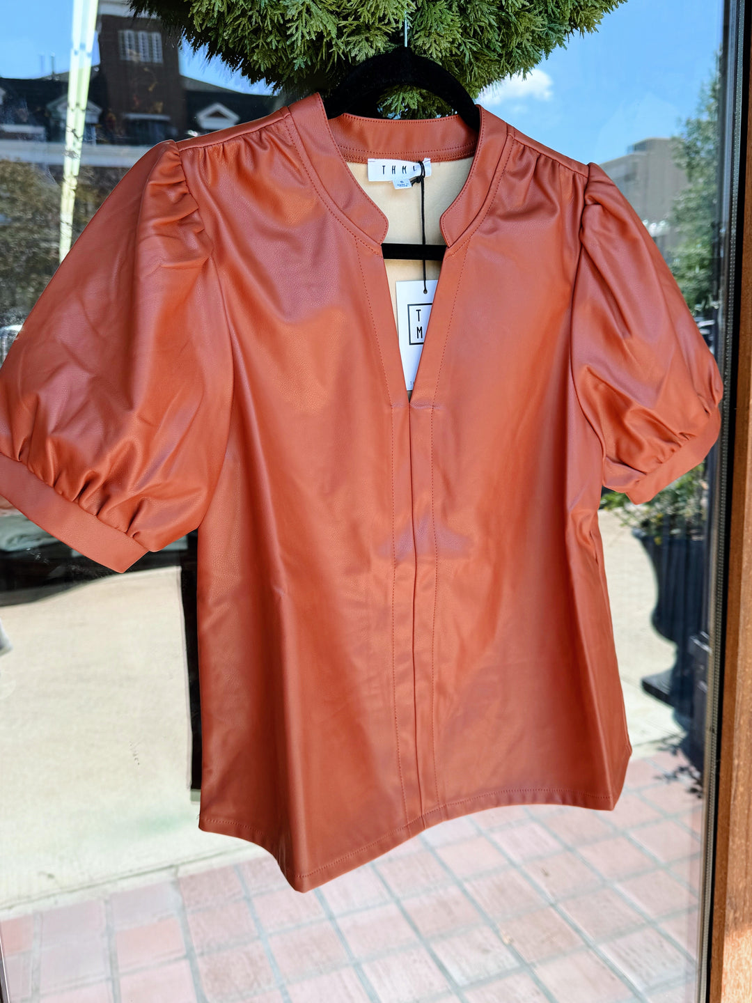 THML Puff Sleeve Leather Top- Tobacco