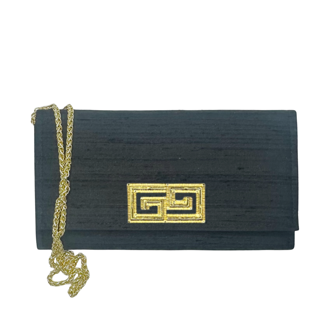 Garland Black Dupioni Silk Ruth Crossbody Clutch- Greek Key