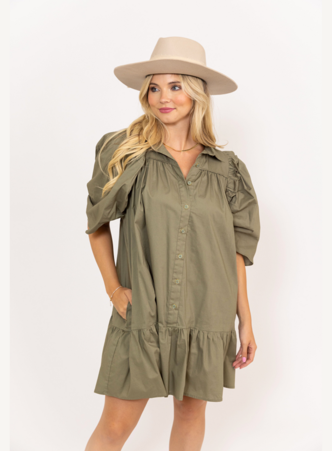 Karlie Solid Button Puff SLV Ruffle Dress