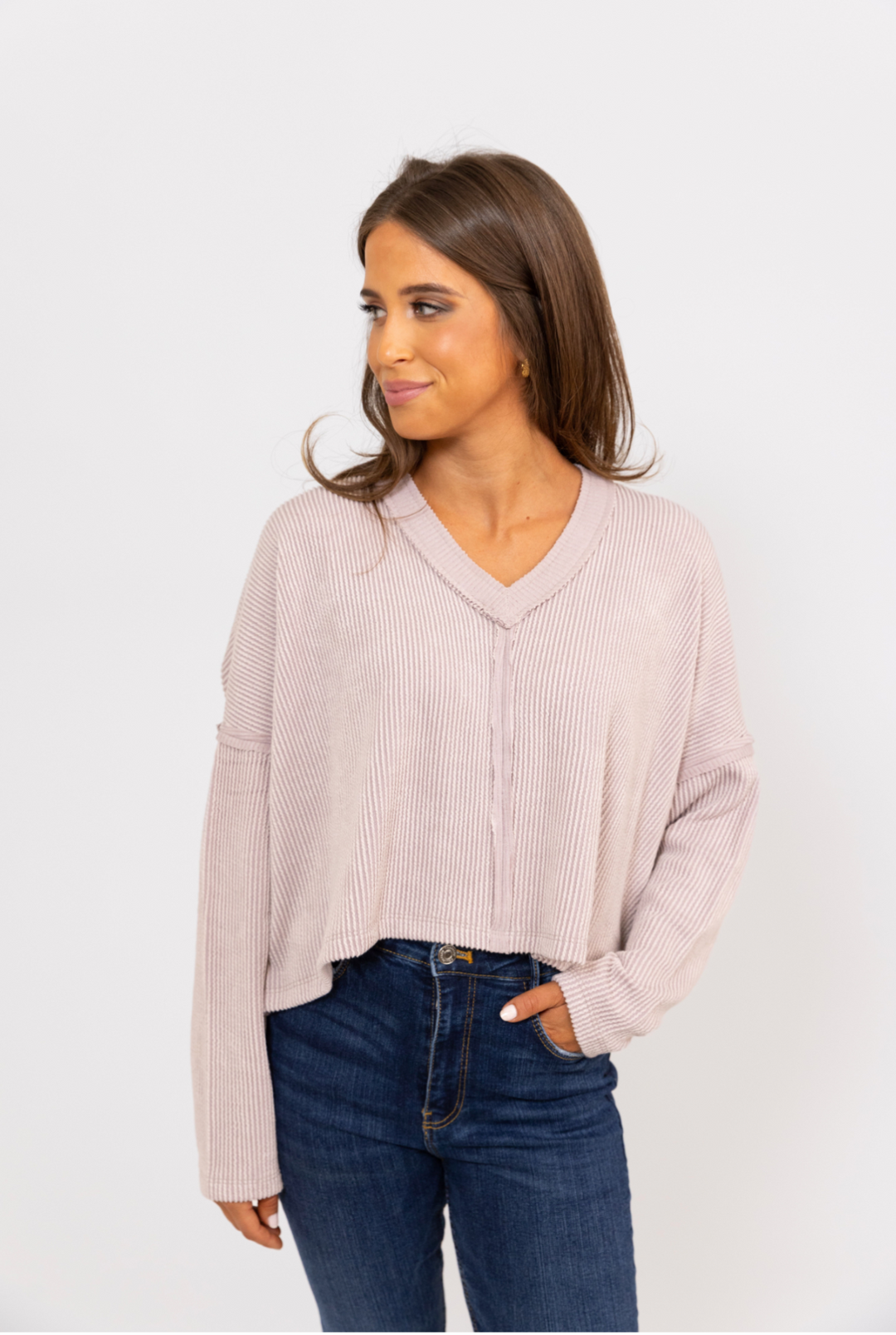 Karlie Solid Ribbed V-Neck Seam Tee