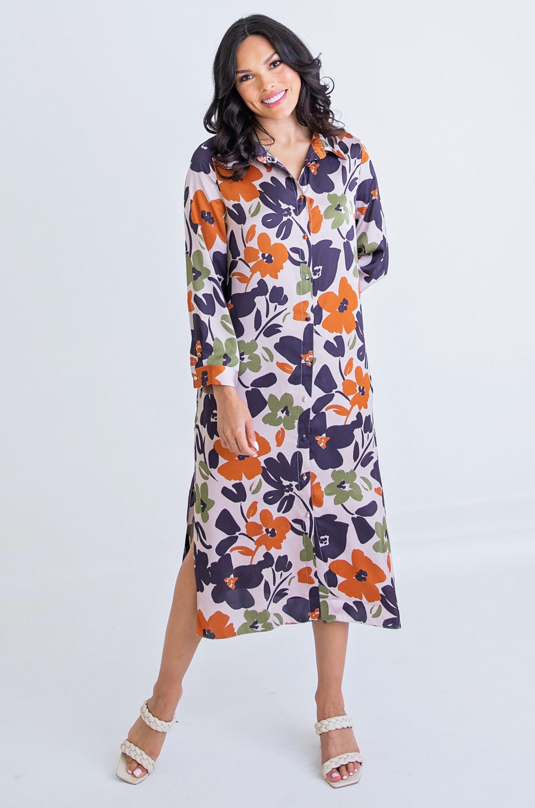 Karlie Floral Satin Pocket Shirt Dress