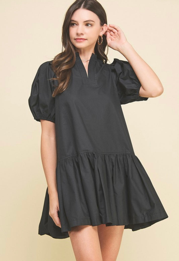 Solid Tiered Mini Dress- Black