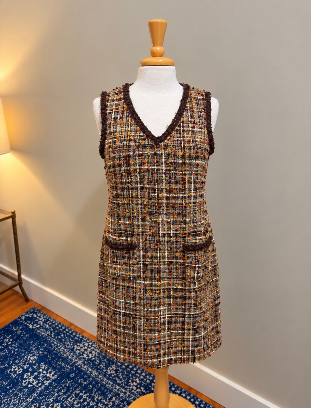 Jade Brown Tweed V-Neck Trimmed Pocket Dress