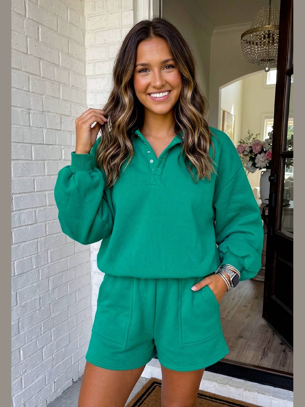 Solid Button Collar Casual Shorts Set