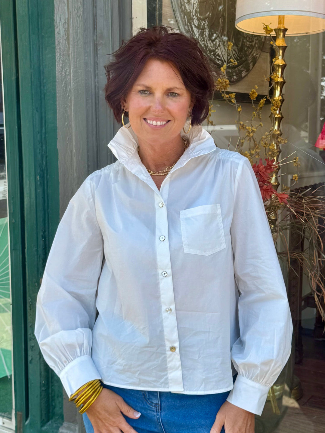 Ruffled High-Neck Button Down Shirt