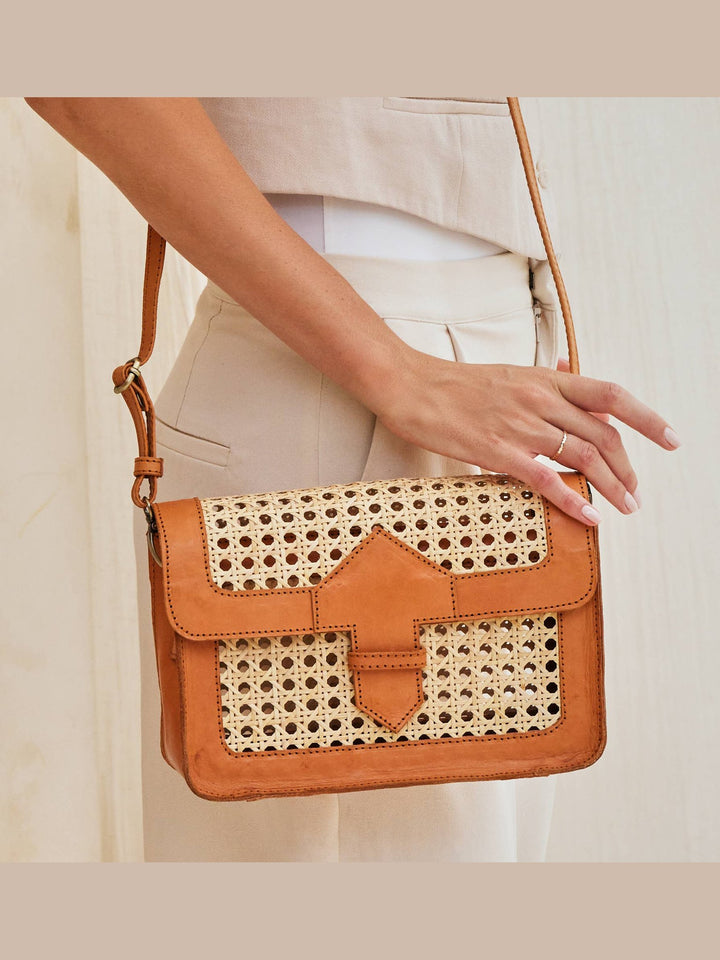 Rattan Cane Weave Convertible Clutch with Leather Trim