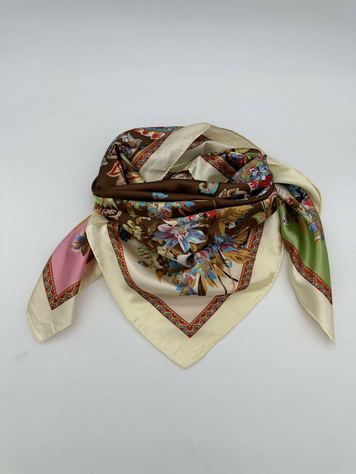 Brown & Pastel Four Corner Floral Silk Scarf