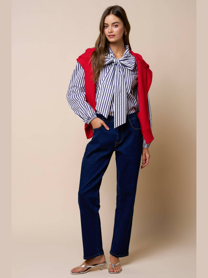 Stripe Front Bow Tie Balloon Sleeve Top
