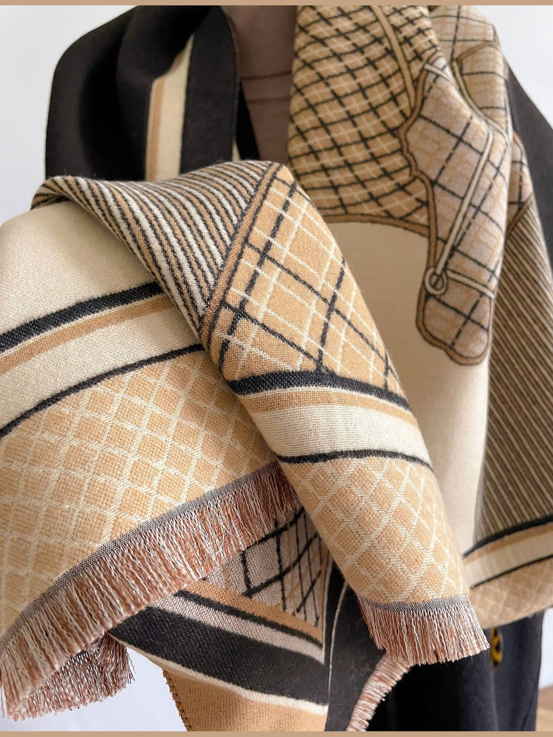 Equestrian Tan / Black Equus Plaid Cashmere-Feel Reversible Wrap