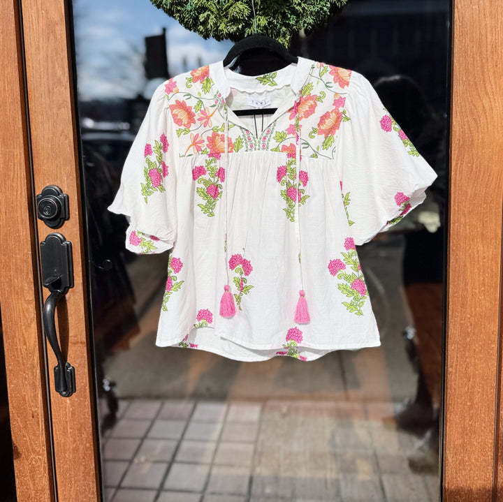 THML Puff Sleeve Floral Tassel Tie Top - White Floral