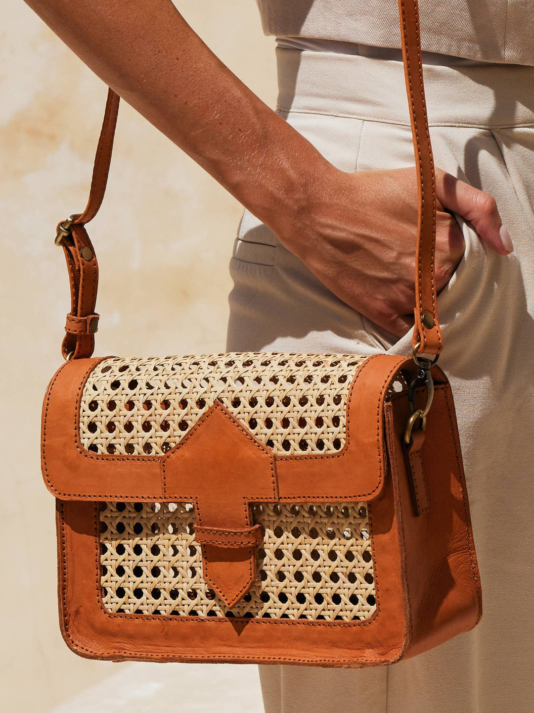 Rattan Cane Weave Convertible Clutch with Leather Trim