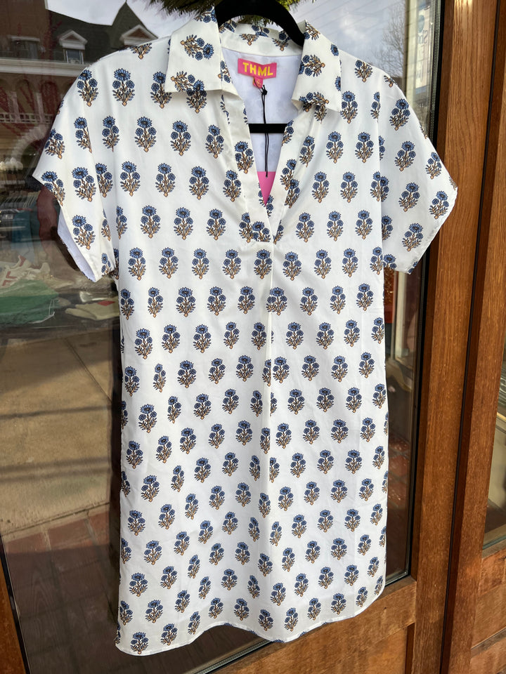 THML Short Sleeve Flower Print Dress - White