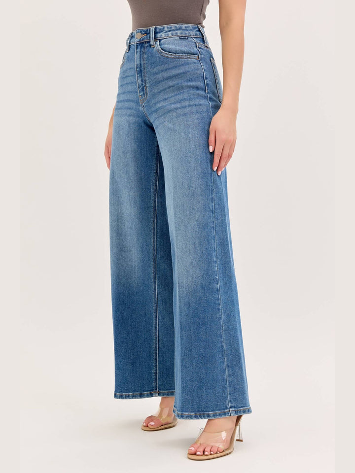 Stretch High Rise Wide Leg Jeans- Medium Denim