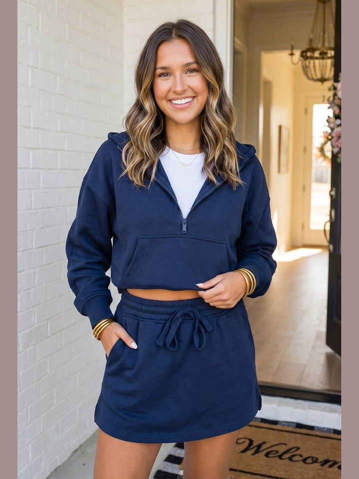 Solid Zip Neck Drawstring Skirt 2pcs Lounge Set