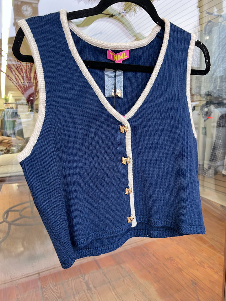 THML Sleeveless Ribbon Button Knit Top- Navy