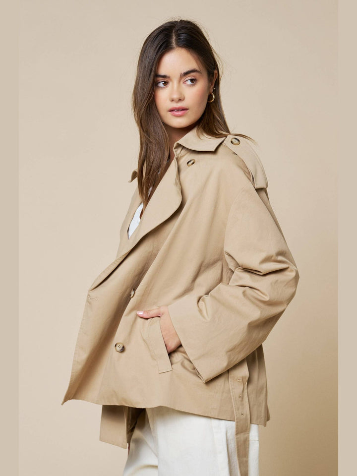 Double Breasted Cropped Belted Trench Coat