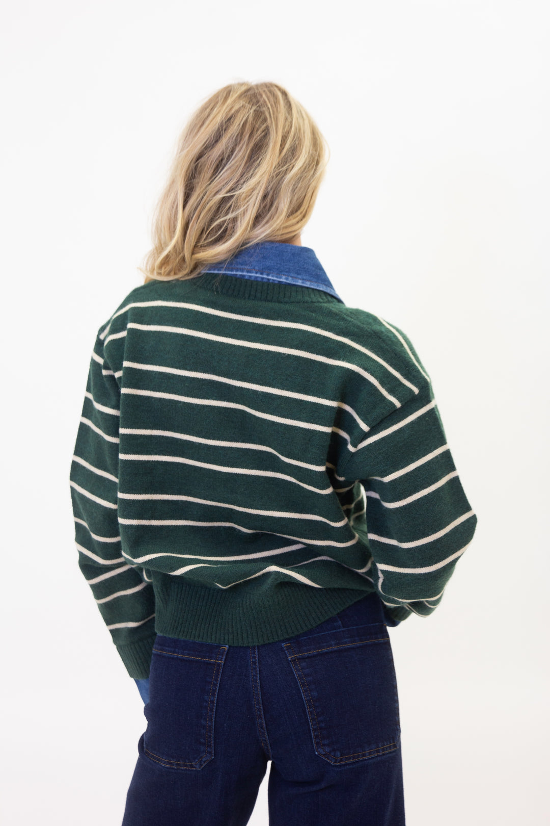Karlie Green Varsity Stripe Denim Collar Sweater