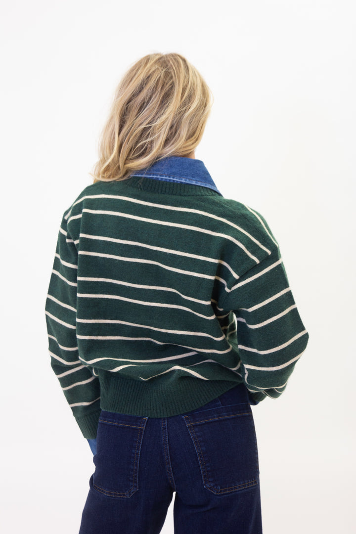 Karlie Green Varsity Stripe Denim Collar Sweater