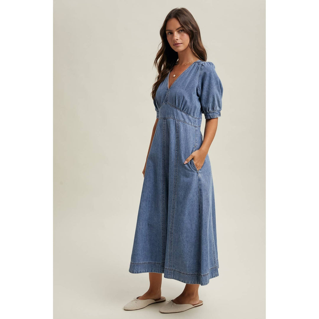 Denim Puff Sleeve Midi Dress