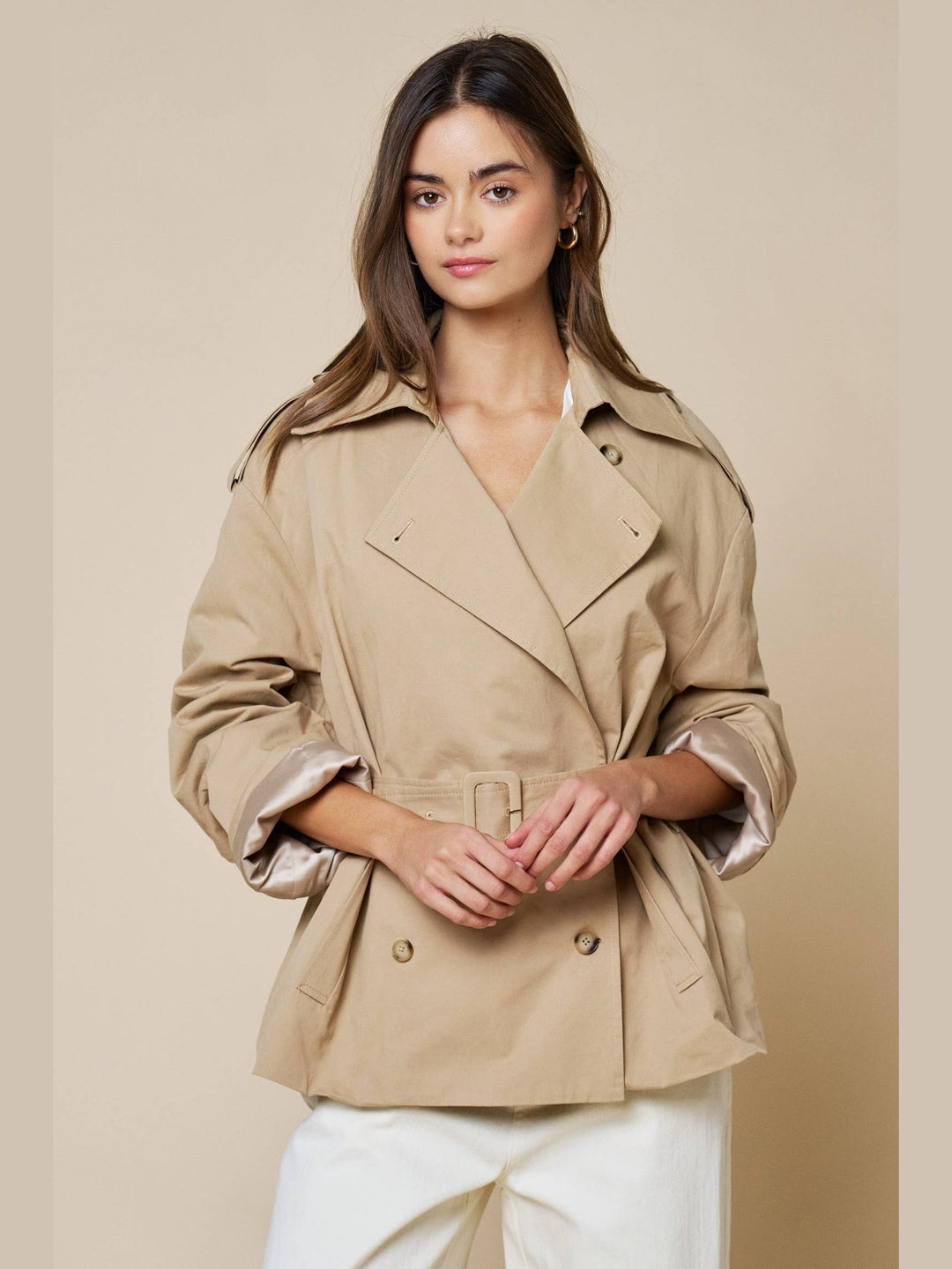Double Breasted Cropped Belted Trench Coat