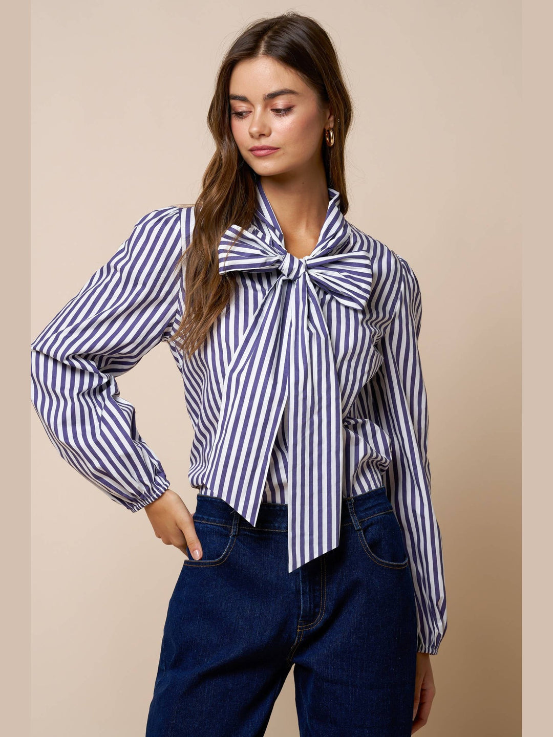 Stripe Front Bow Tie Balloon Sleeve Top