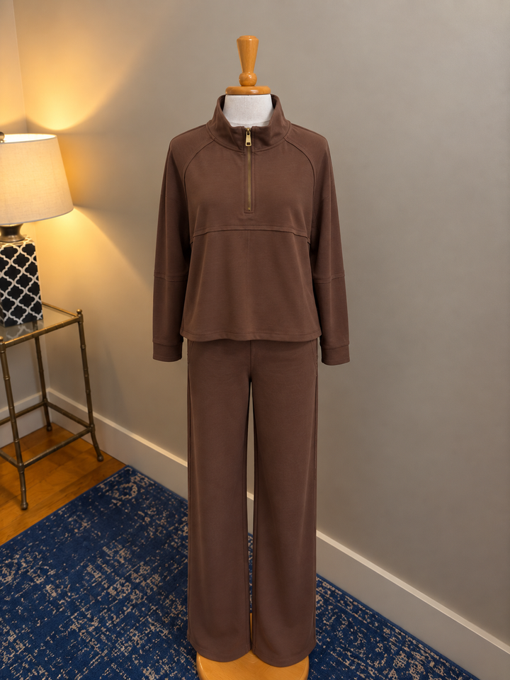 Multiples Coffee Zip Front Mock Neck Top