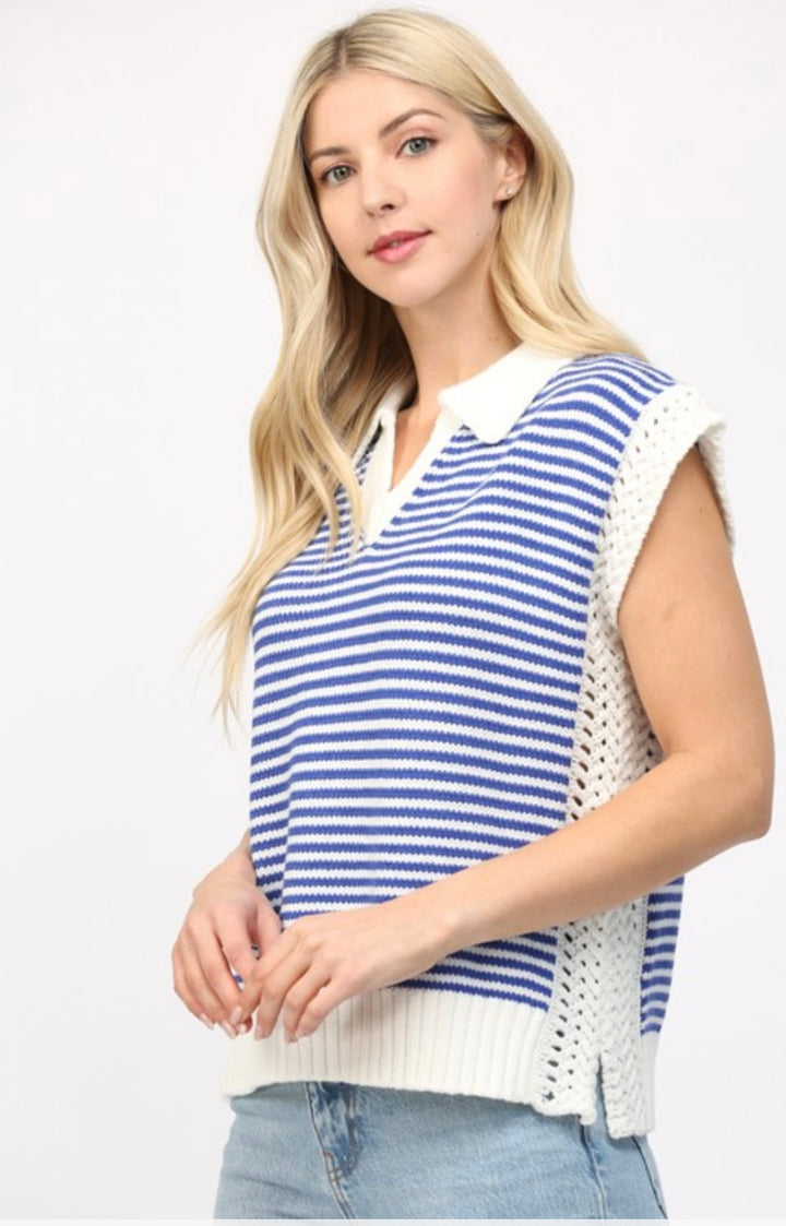 Royal Blue Striped Knit Collared Sweater Vest