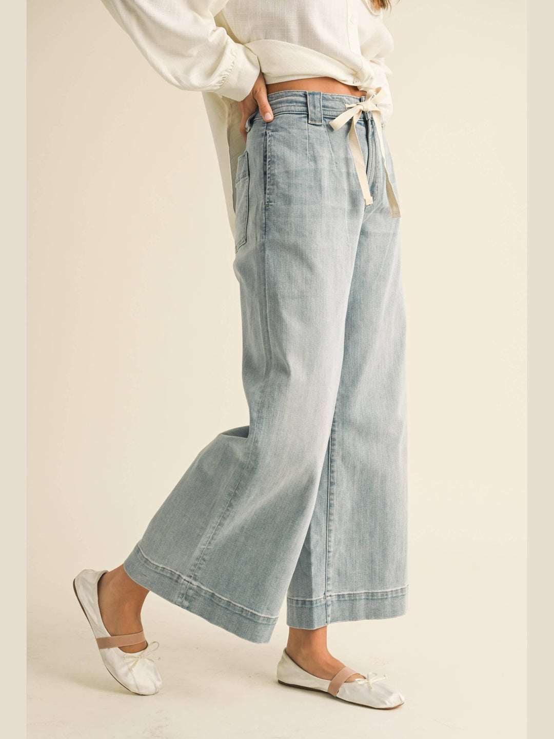 Washed Denim Tie Front Pants