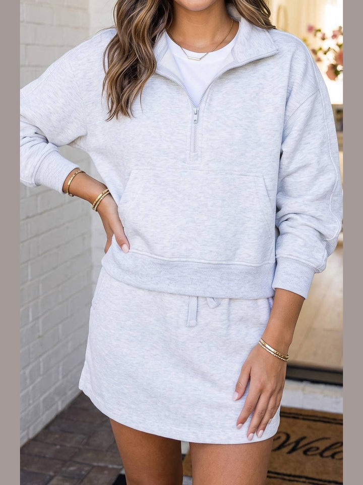 Solid Zip Neck Drawstring Skirt 2pcs Lounge Set