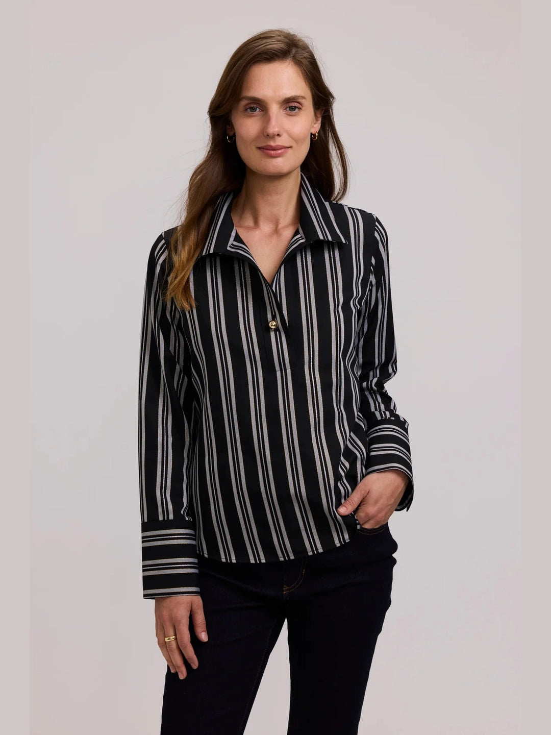 Foxcroft Catalina Shimmer Stripe Long Sleeve Popover Shirt - Holiday Shimmer
