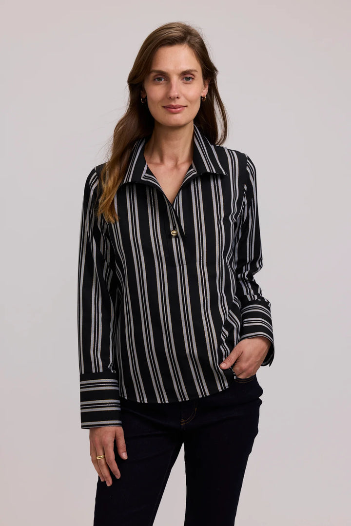 Foxcroft Catalina Shimmer Stripe Long Sleeve Popover Shirt - Holiday Shimmer