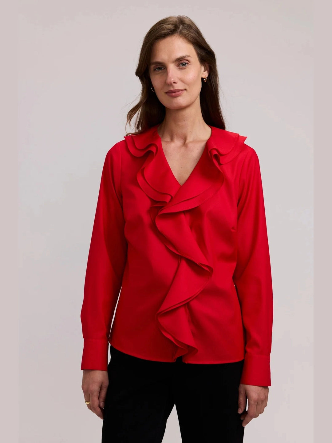 Foxcroft Shantel Ruffle Long Sleeve Popover Shirt - Simply Red