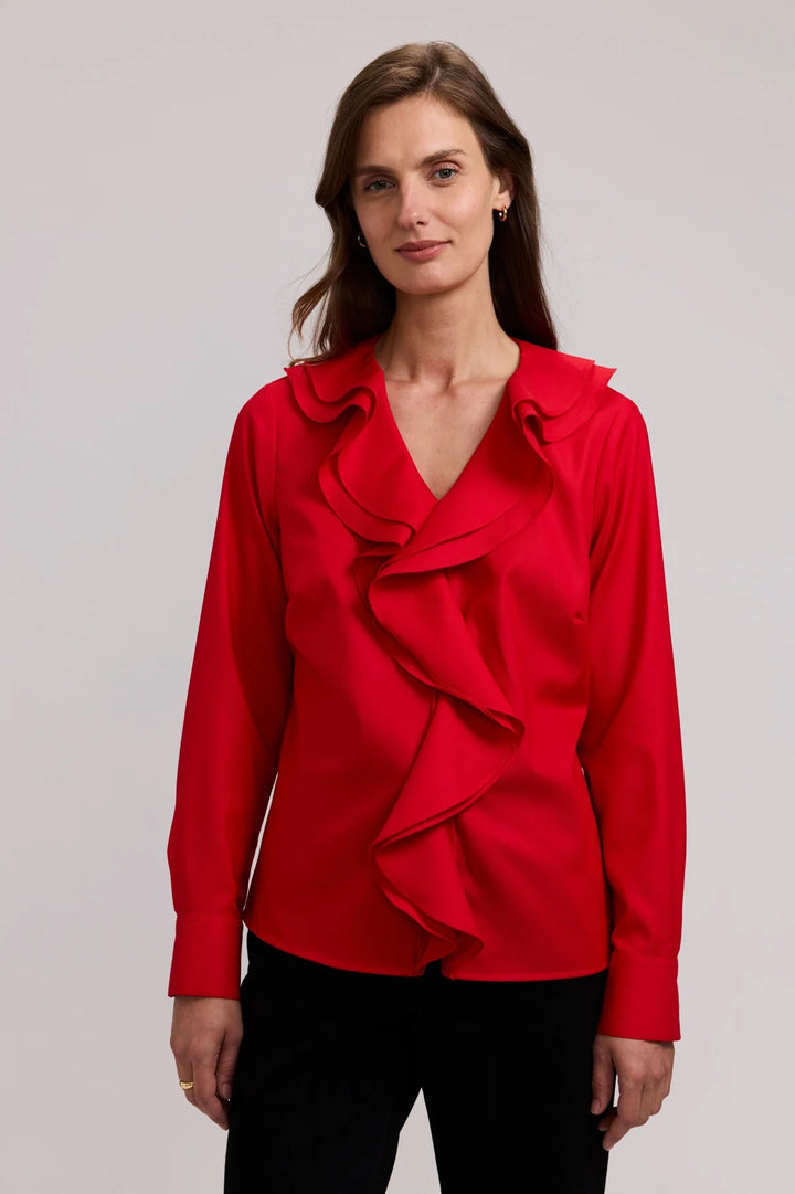 Foxcroft Shantel Ruffle Long Sleeve Popover Shirt - Simply Red