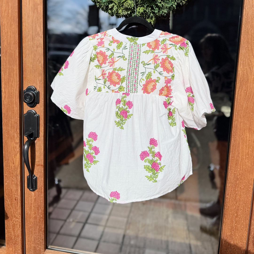 THML Puff Sleeve Floral Tassel Tie Top - White Floral