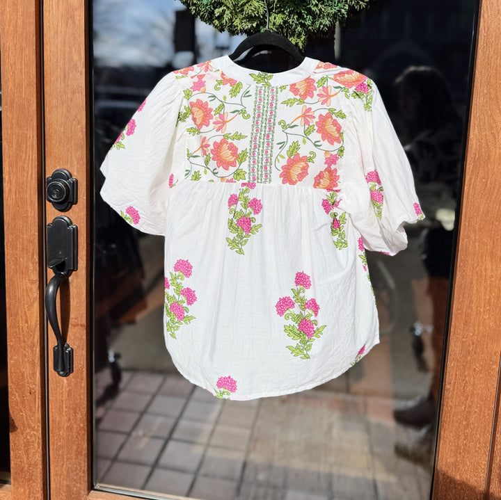 THML Puff Sleeve Floral Tassel Tie Top - White Floral
