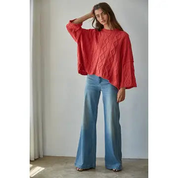 Knit Cable Sweater Cotton 3/4 Sleeve Pullover