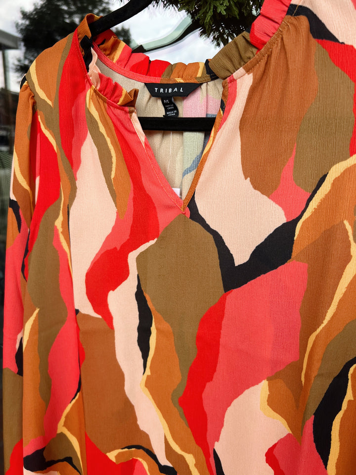 Tribal Long Sleeve Ruffle Neck Blouse- Desert Sun