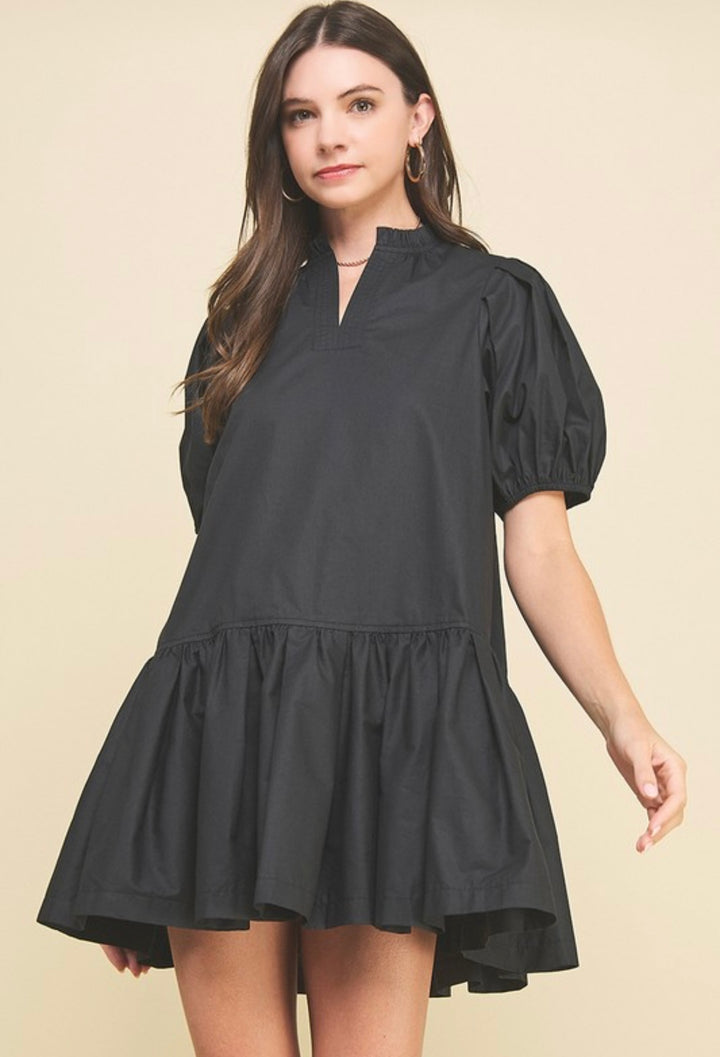 Solid Tiered Mini Dress- Black