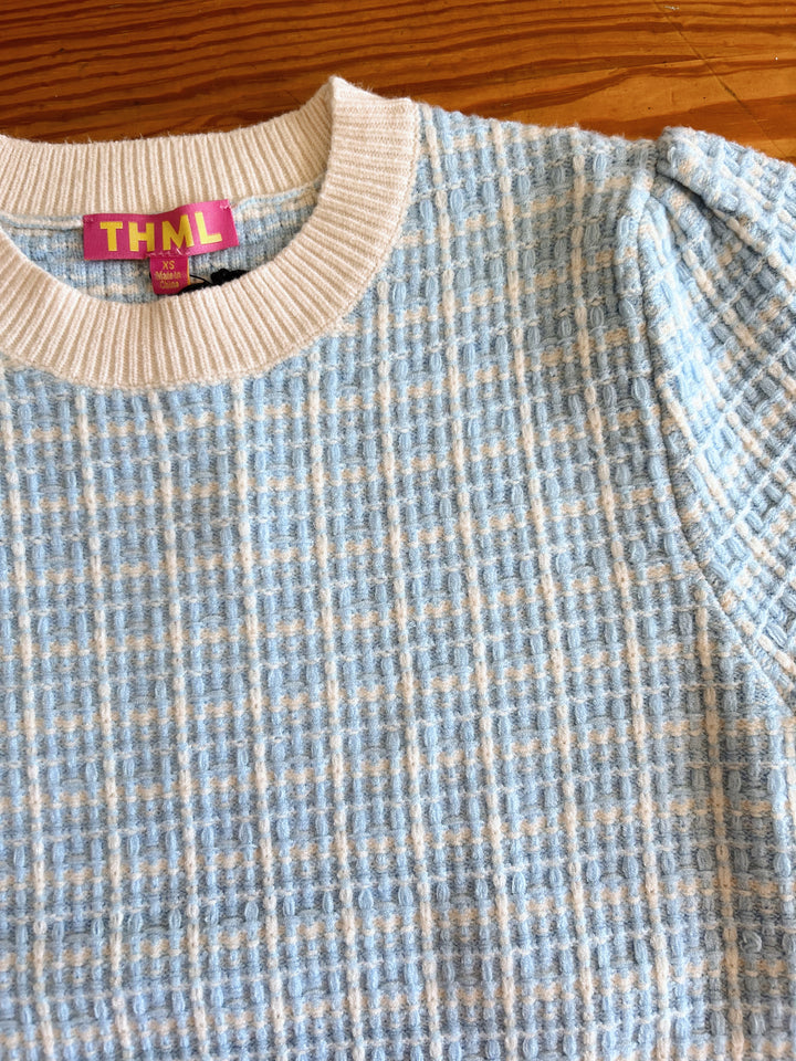 THML Puff Sleeve Short Sleeve Knit Top- Sky Blue