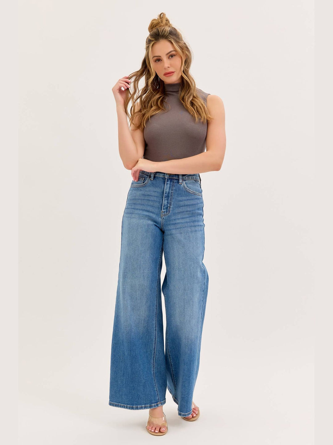 Stretch High Rise Wide Leg Jeans- Medium Denim