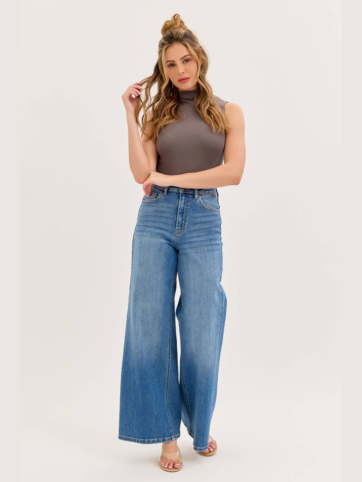 Stretch High Rise Wide Leg Jeans- Medium Denim