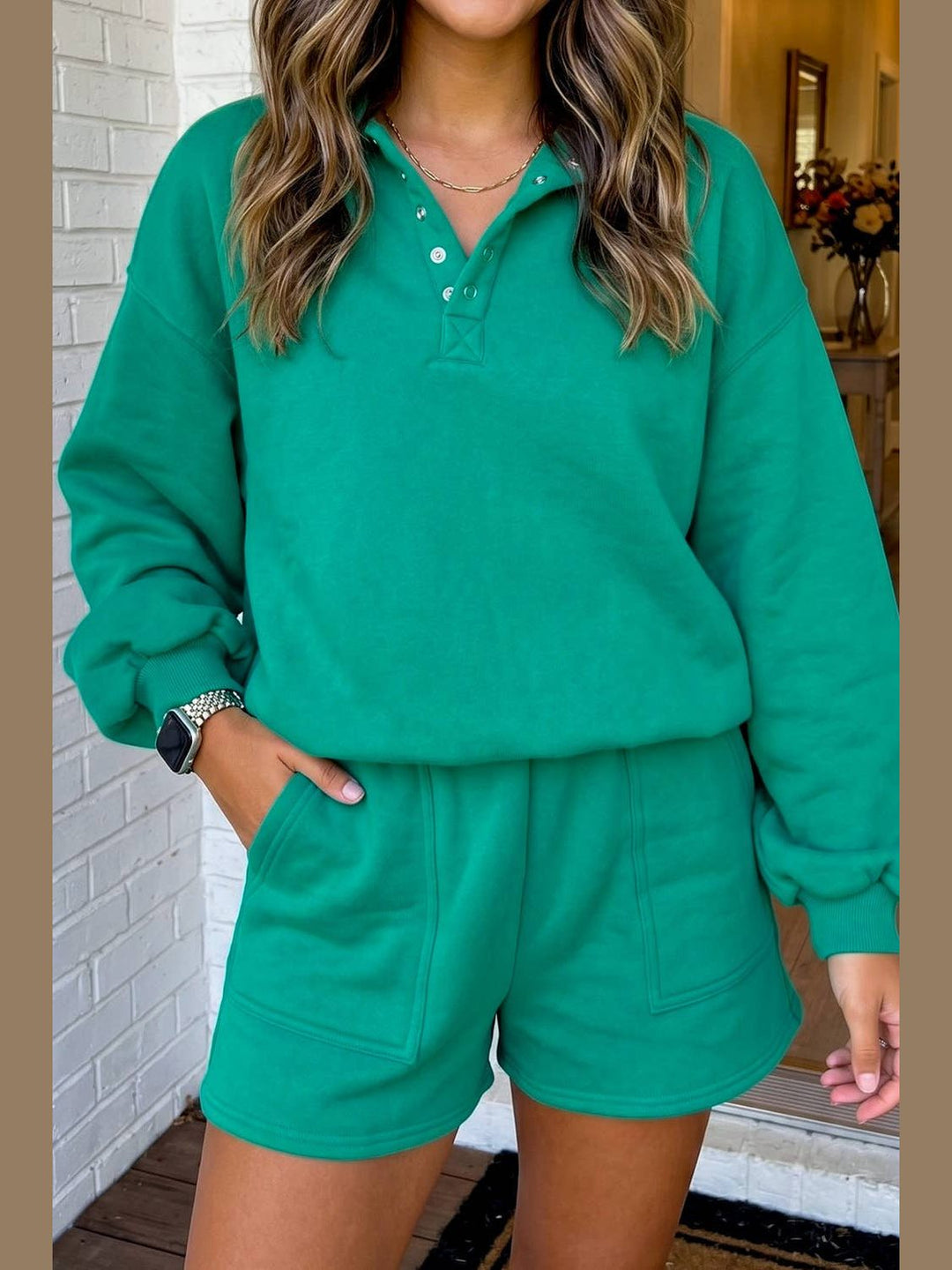Solid Button Collar Casual Shorts Set