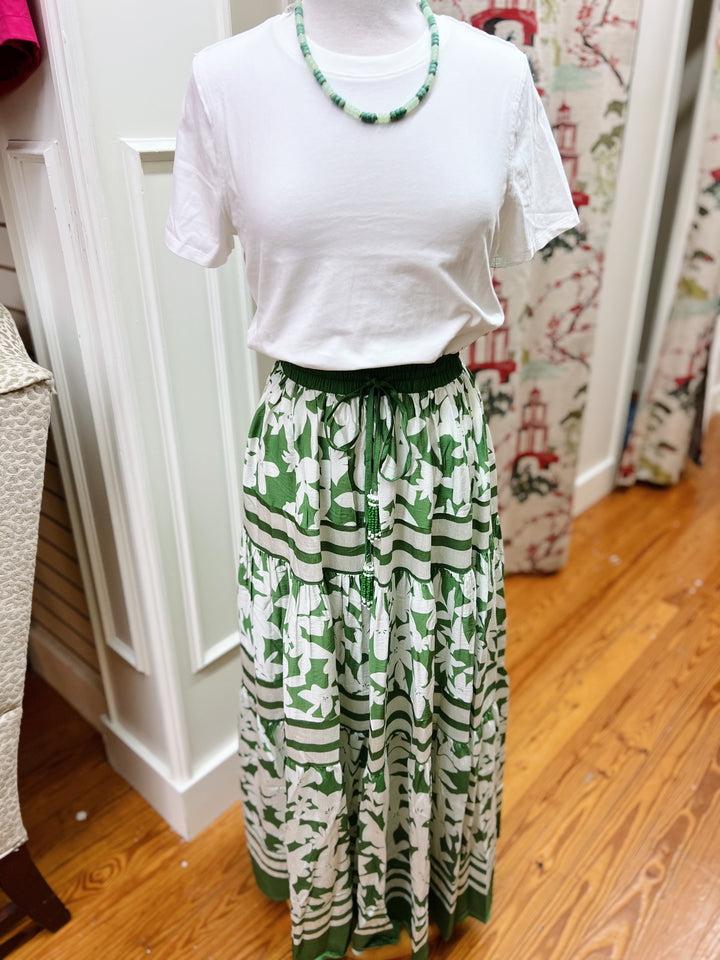 Floral Print Tiered Maxi Skirt- Green