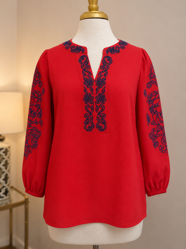 3/4 Puff Sleeve Top with Embroidery